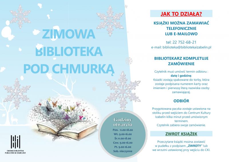 plakat zimowa biblioteka pod chmurką